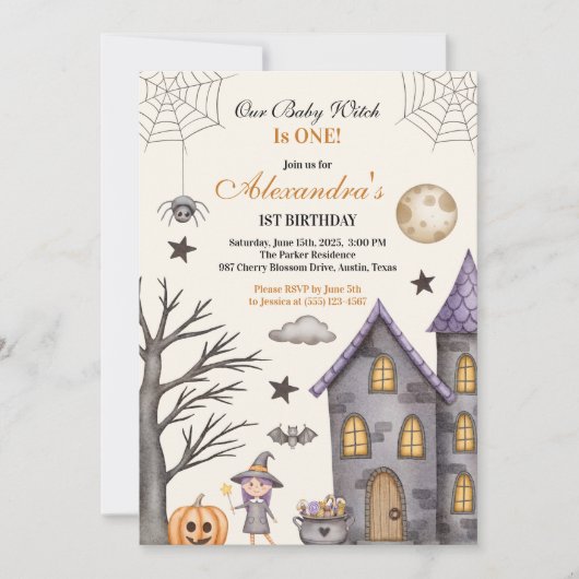 Sweet & Spooky Baby Witch Verjaardag Kaart (Voorkant)