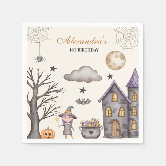 Sweet & Spooky Baby Witch Verjaardag Servet (Voorkant)