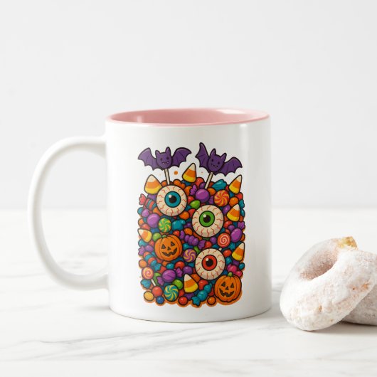 Sweet & Spooky Halloween Snoep Chaos Tweekleurige Koffiemok (Met donut)
