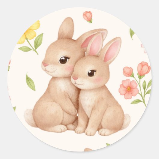 Sweet Spring Bunnies & Floral Garden Pattern Ronde Sticker (Voorkant)