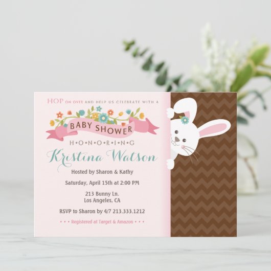 Sweet Spring Bunny Girl Baby shower Uitnodiging (Staand voorkant)