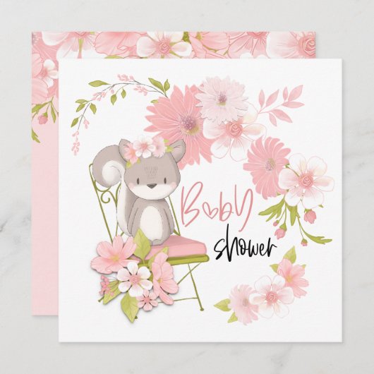 Sweet Squirrel Florals Wit Roze Meisje Baby shower Kaart (Voorkant / Achterkant)
