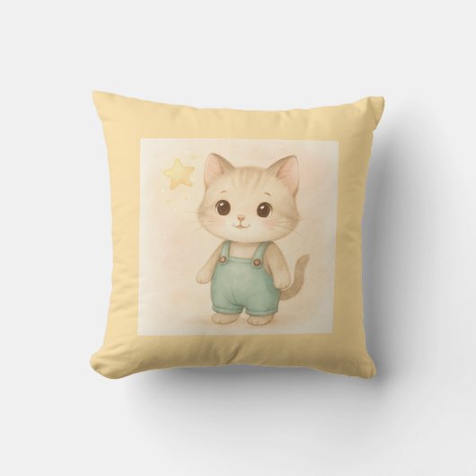 Sweet Starry Kitten in Overalls – Schattigee pil v Kussen (Voorkant)