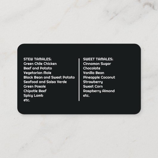 Sweet & Stew Tamales Visitekaartje (Achterkant)