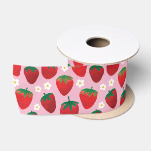 Sweet Strawberries Patroon op Roze Satijnen Lint