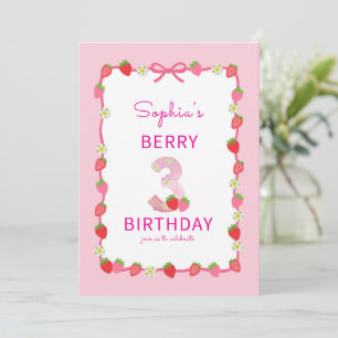 Sweet Strawberry 3rd Birthday Invitation Kaart