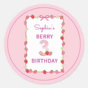 Sweet Strawberry 3rd Birthday Invitation Ronde Sticker