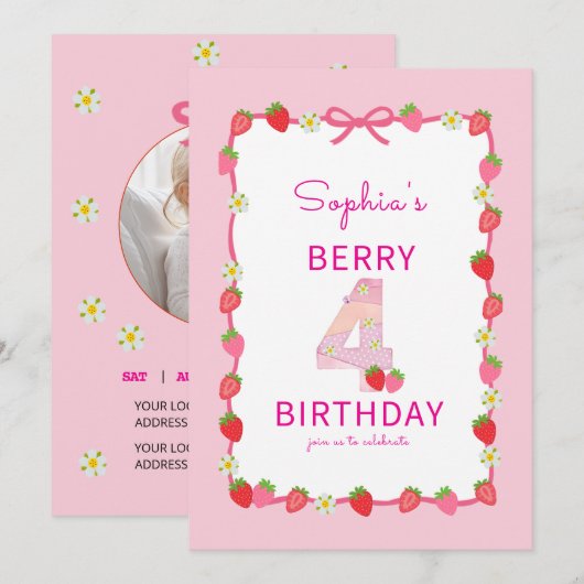Sweet Strawberry 4th Birthday Invitation Kaart (Voorkant / Achterkant)