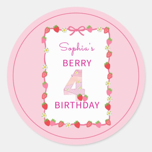 Sweet Strawberry 4th Birthday Invitation Ronde Sticker (Voorkant)