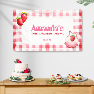 Sweet Strawberry Arrival Gingham Baby shower Roze Spandoek