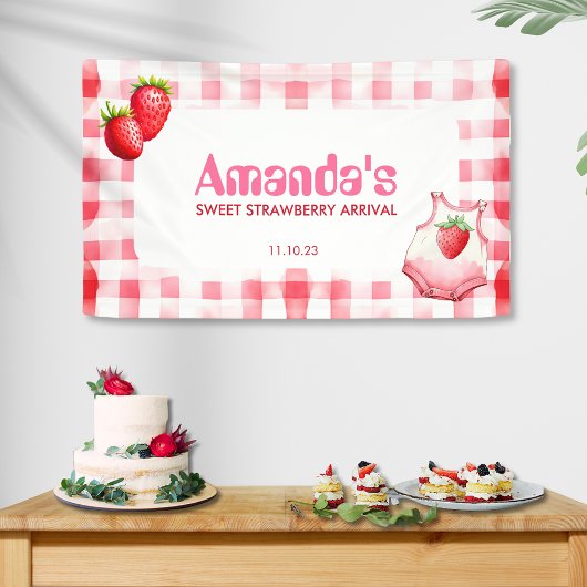 Sweet Strawberry Arrival Gingham Baby shower Roze Spandoek