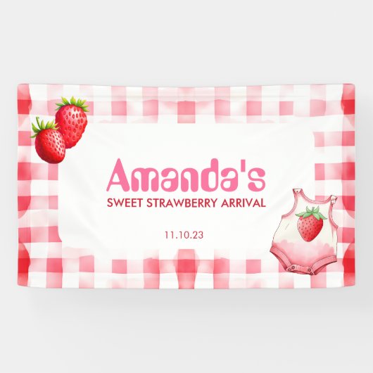 Sweet Strawberry Arrival Gingham Baby shower Roze Spandoek (Horizontaal)