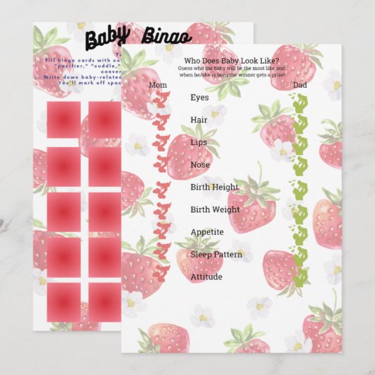 Sweet Strawberry Baby shower Games Bingo en Trait Kaart (Voorkant / Achterkant)