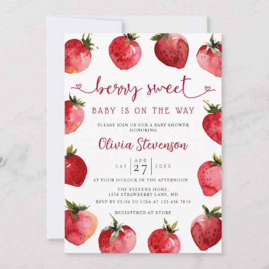 Sweet Strawberry Baby shower Invitation | Berry Kaart (Voorkant)