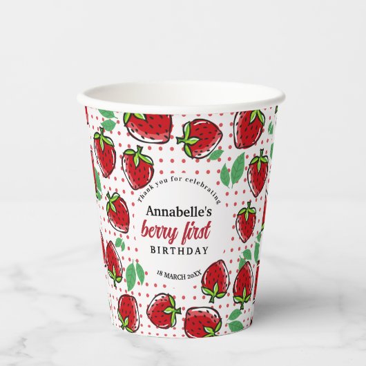 Sweet Strawberry Berry First Birthday Party Papieren Bekers (Voorkant)