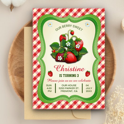 Sweet Strawberry Cute Birthday Party Invitation Kaart