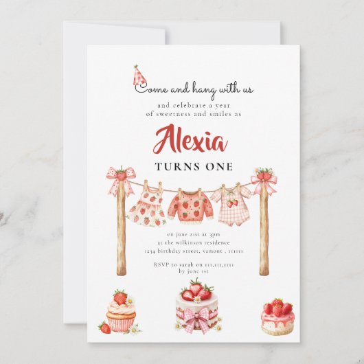 Sweet Strawberry First Birthday Outfit Clothesline Kaart (Voorkant)