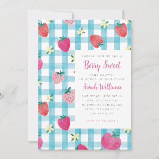 Sweet Strawberry Gingham Baby shower Invitation Kaart (Voorkant)