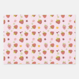 Sweet Strawberry Heart Plaid Achtergrond Inpakpapier Vel