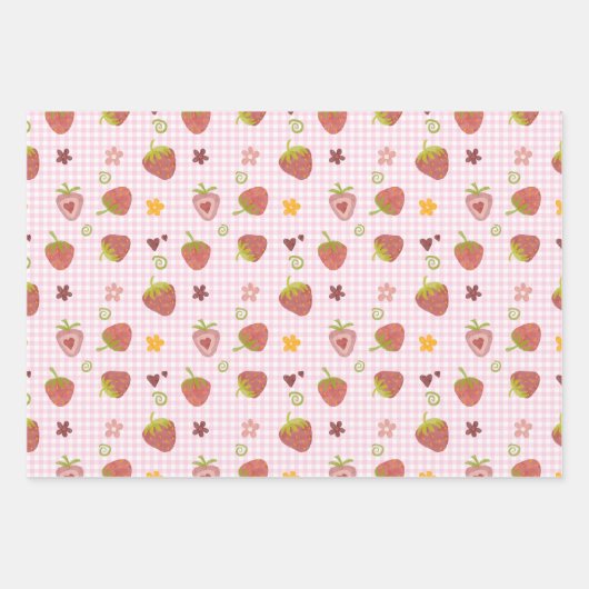 Sweet Strawberry Heart Plaid Achtergrond Inpakpapier Vel (Voorkant)