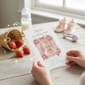 Sweet Strawberry Photo Card First Birthday Kaart
