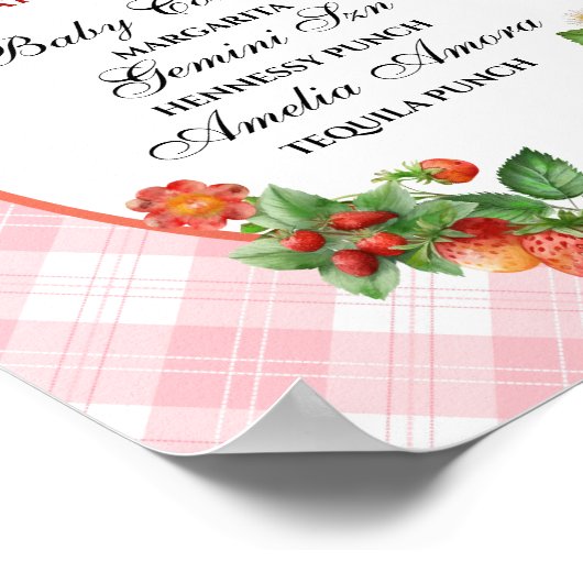 Sweet Strawberry Pink Gingham Bar Menu Douche Poster (Hoek)