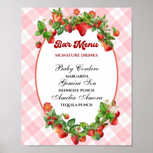 Sweet Strawberry Pink Gingham Bar Menu Douche Poster (Voorkant)