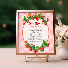 Sweet Strawberry Pink Gingham Bar Menu Douche Poster