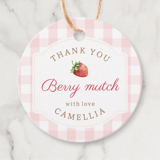 Sweet Strawberry Pink Gingham Dank u Bedankjes Labels (Voorkant)