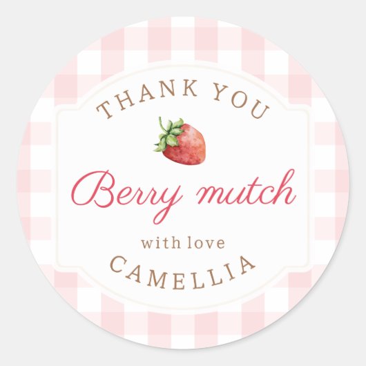 Sweet Strawberry Pink Gingham Dank u Ronde Sticker (Voorkant)