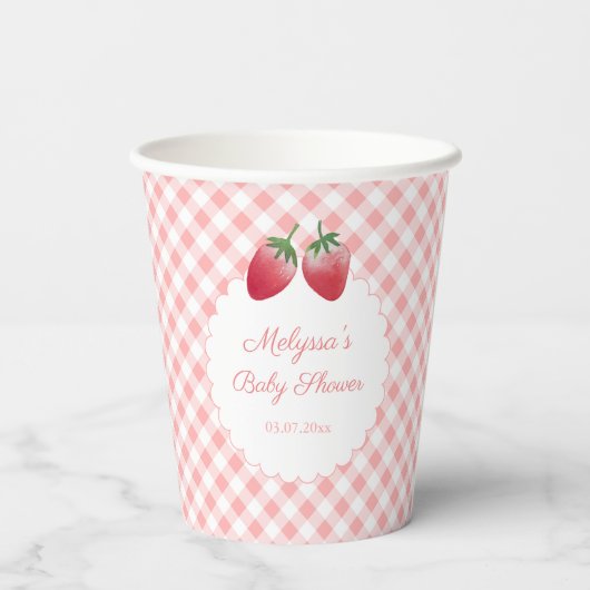 Sweet Strawberry Pink Gingham Picnic Baby shower Papieren Bekers (Achterkant)