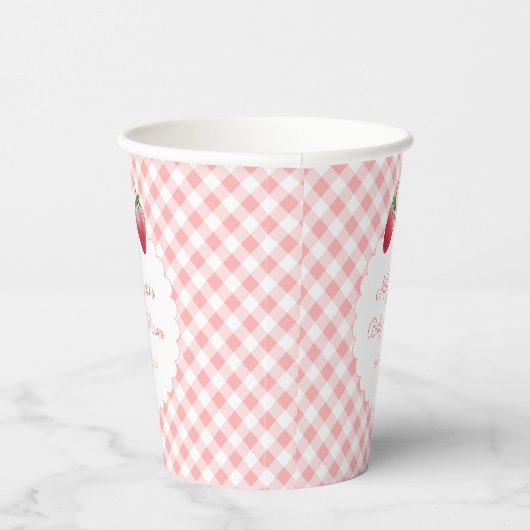 Sweet Strawberry Pink Gingham Picnic Baby shower Papieren Bekers (Rechts)