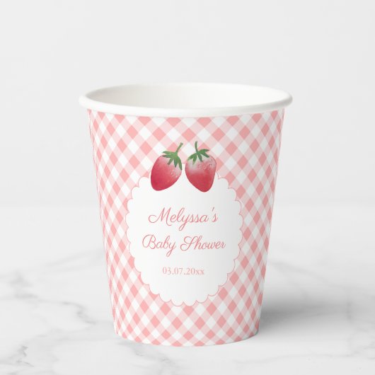 Sweet Strawberry Pink Gingham Picnic Baby shower Papieren Bekers (Voorkant)