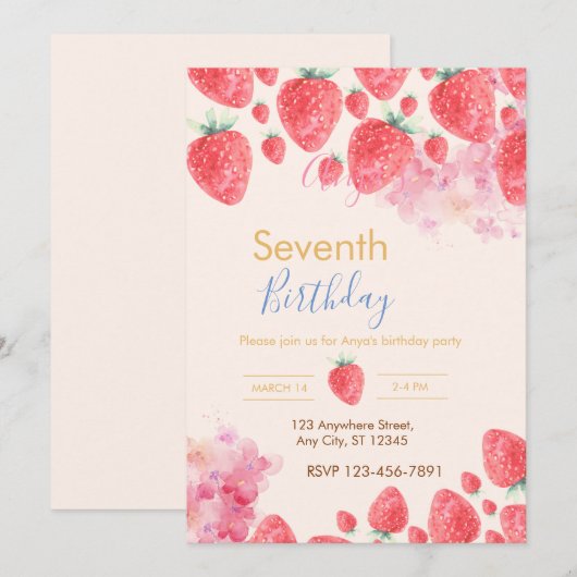 Sweet Strawberry Soiree: Uitnodiging voor verjaard (Voorkant / Achterkant)