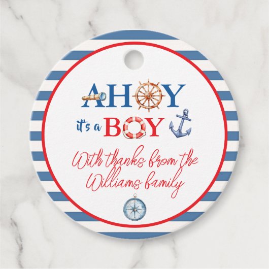 Sweet Striped Blue Red Nautical Ahoy Boy Compass Bedankjes Labels (Voorkant)