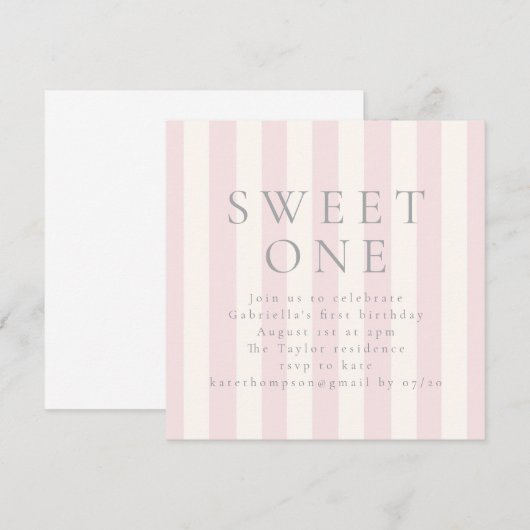 Sweet Stripes eerste verjaardag roze uitnodiging (Voorkant / Achterkant)