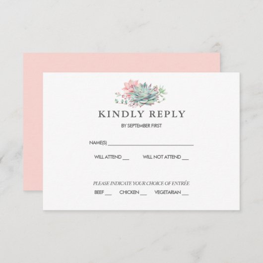 Sweet Succulent Pink Green Wedding RSVP Kaart (Voorkant / Achterkant)