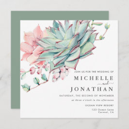 Sweet Succulents Pink Green Wedding Invitation Kaart