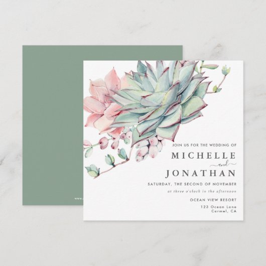 Sweet Succulents Pink Green Wedding Invitation Kaart (Voorkant / Achterkant)