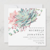 Sweet Succulents Pink Green Wedding Invitation Kaart (Voorkant)
