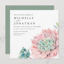Sweet Succulents Pink Green Wedding Invitation Kaart