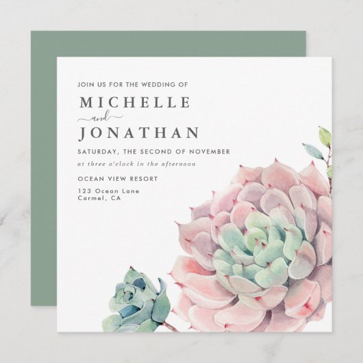 Sweet Succulents Pink Green Wedding Invitation Kaart (Voorkant / Achterkant)