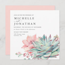 Sweet Succulents Pink Green Wedding Invitation Kaart