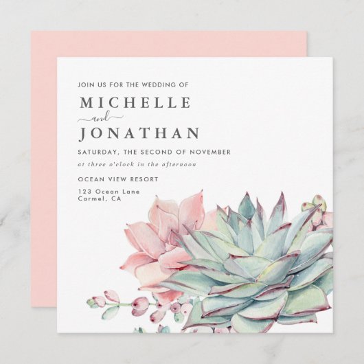 Sweet Succulents Pink Green Wedding Invitation Kaart (Voorkant / Achterkant)
