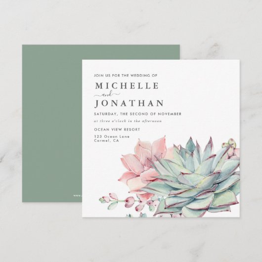 Sweet Succulents Pink Green Wedding Invitation Kaart (Voorkant / Achterkant)