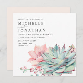 Sweet Succulents Pink Green Wedding Invitation Kaart