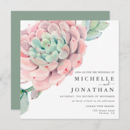 Sweet Succulents Pink Green Wedding Invitation Kaart