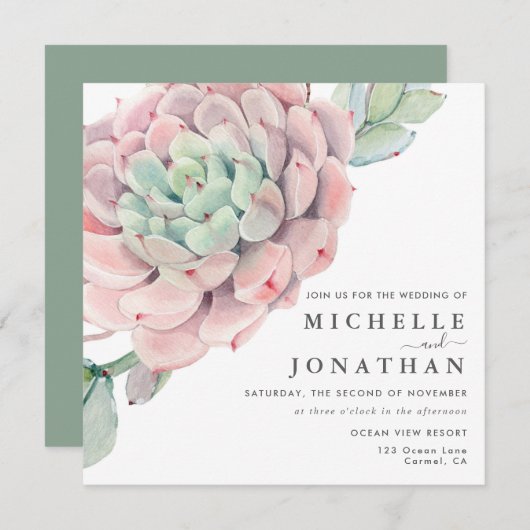 Sweet Succulents Pink Green Wedding Invitation Kaart (Voorkant / Achterkant)