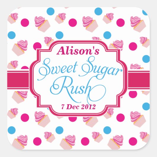 Sweet Sugar Rush Schattigee Cupcake Verjaardag Sti Vierkante Sticker (Voorkant)