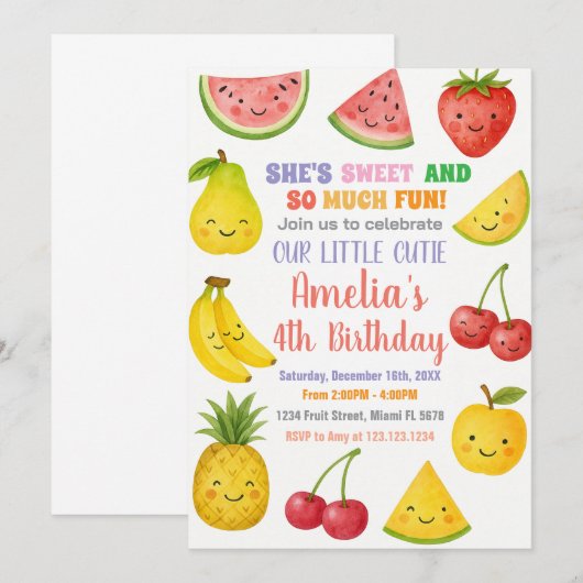 Sweet Summer Fruit Verjaardag Uitnodiging (Voorkant / Achterkant)